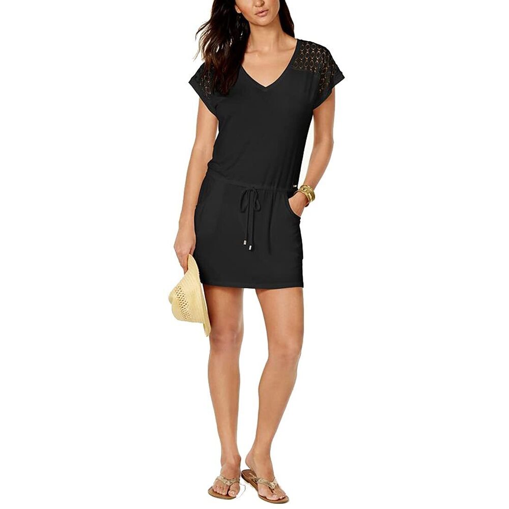 Calvin Klein Women's Black Crochet-Shoulder Tunic Cover Up S/M NWT